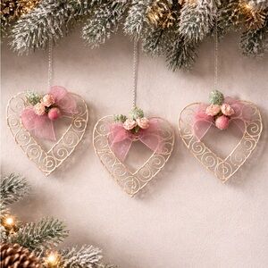 Set of 3 heart shaped floral sparkle ornaments